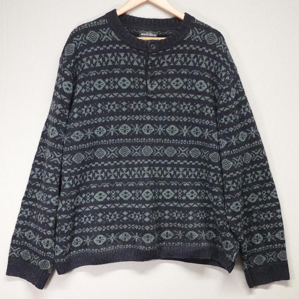 Woolrich Sweater Mens XL Blue Fair Isle Henley Knit Winter Pullover